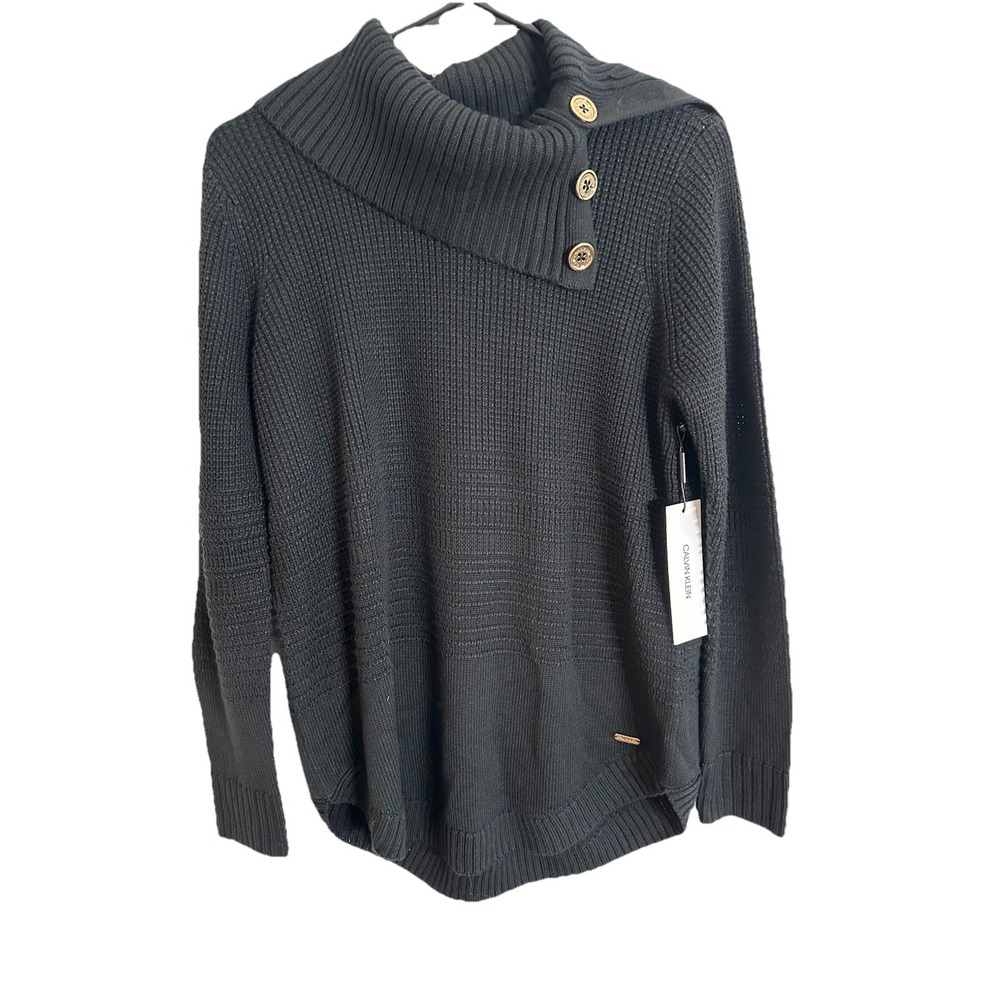 Calvin Klein Womens Foldover Cowl Neck Long Sleeve Tunic Sweater Black Small NEW